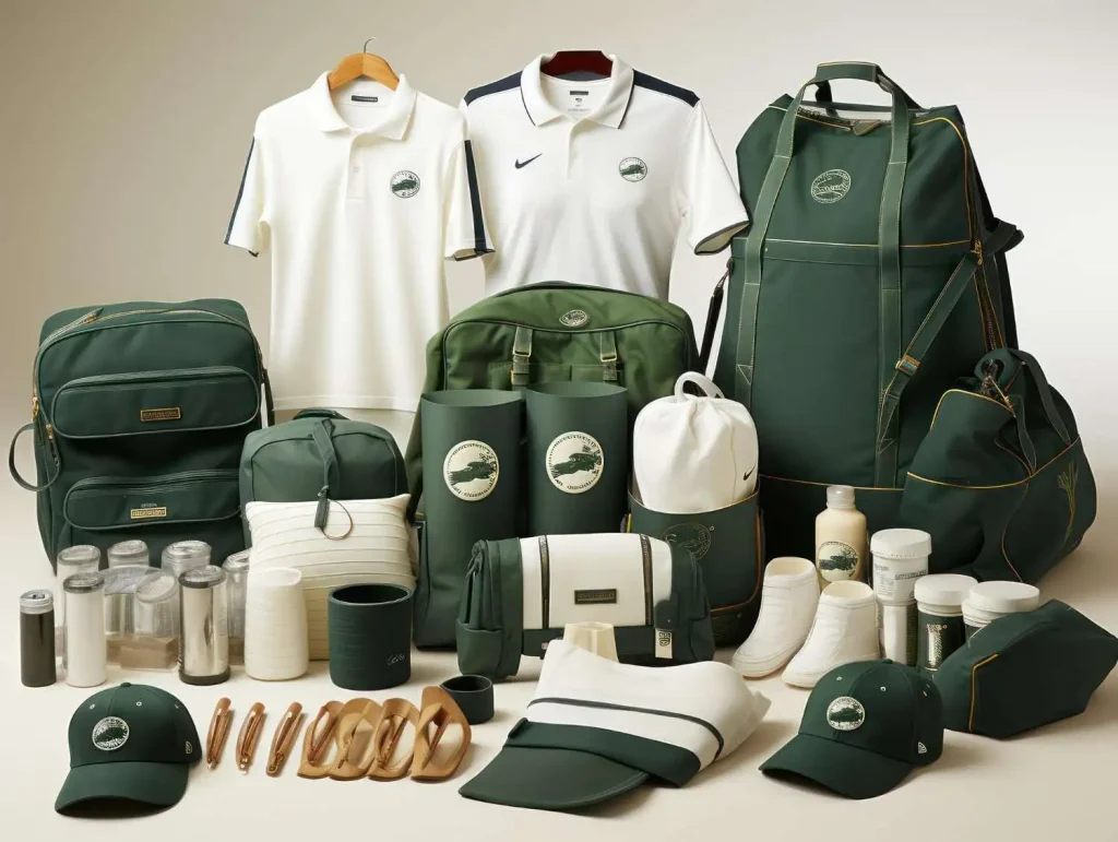 Una colección de artículos deportivos de marca, con polos, gorras, bolsos y accesorios de golf, todo sobre un fondo beige. Fabricante de gorras y sombreros de China - JoinTop | Fabricante de gorras y sombreros personalizados | Fábrica de sombreros OEM y ODM - JoinTop | Fabricante de gorras y sombreros personalizados | Fábrica de sombreros OEM y ODM Una colección de artículos deportivos de marca que incluye camisetas polo, gorras, bolsos y accesorios de golf, todos ellos presentados sobre un fondo beige.