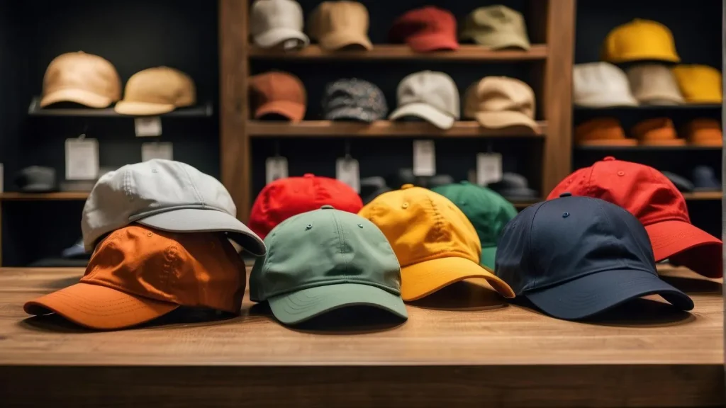 A selection of baseball caps in various solid colors neatly displayed on a retail store shelf