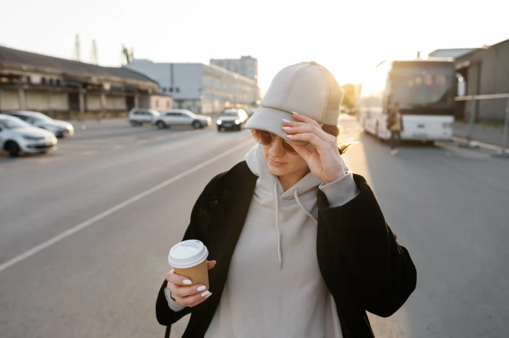 A young woman in a beige hoodie and black jacket adjusting her white baseball cap while holding a coffee cup on a sunny city street