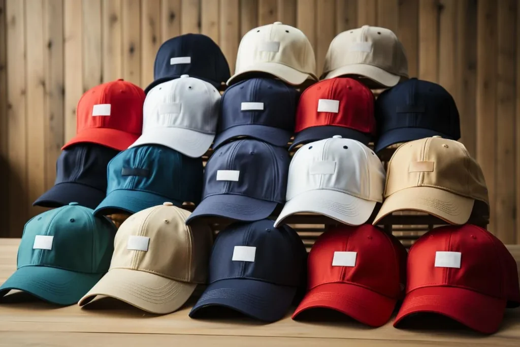 Una colección de gorras de béisbol de varios colores exhibidas en un estante de madera.