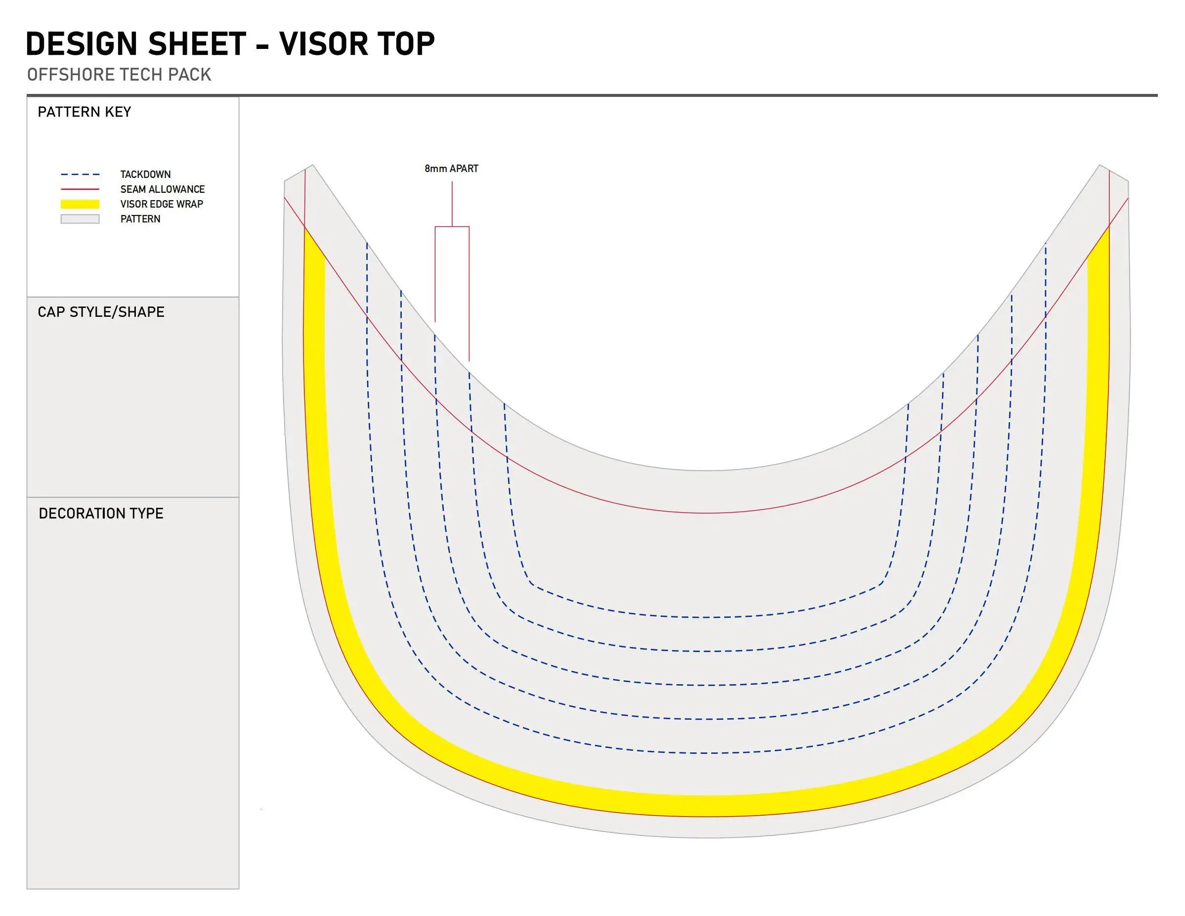 Performance cap visor top design sheet with stitch rows and edge wrap markings