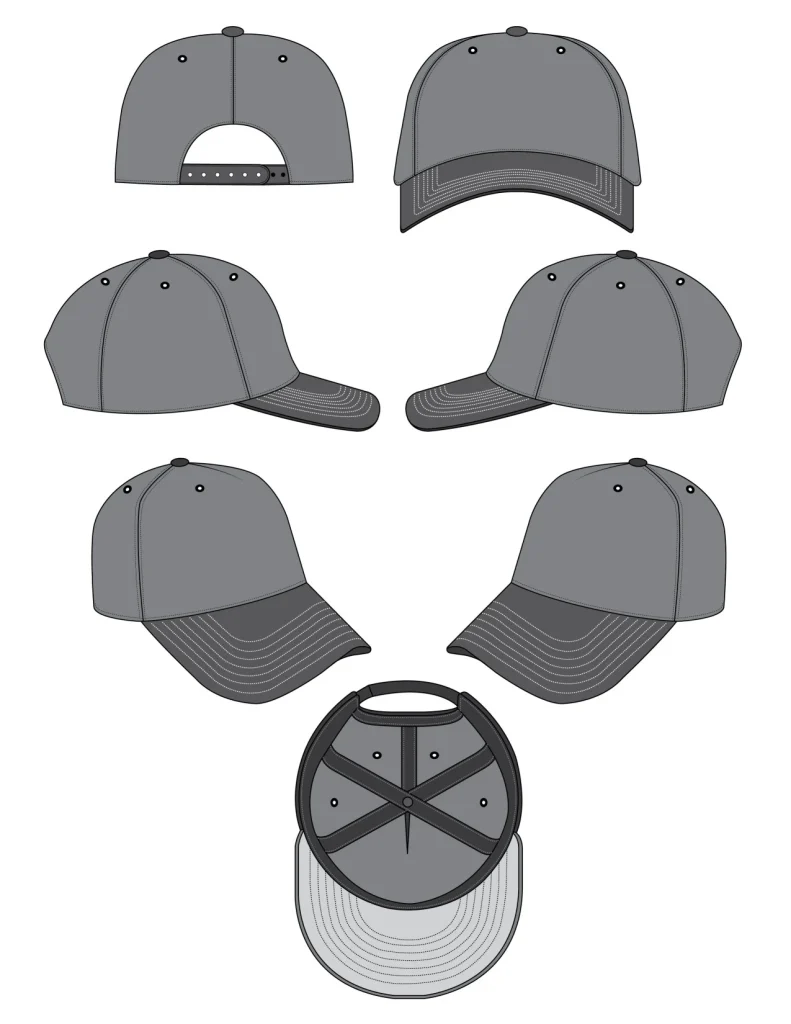 Diverse viste di un modello di berretto da baseball, inclusi i lati anteriore, posteriore, superiore e inferiore