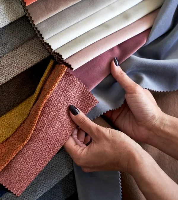 Hände wählen nachhaltige Stoffmaterialien in verschiedenen Farben aus