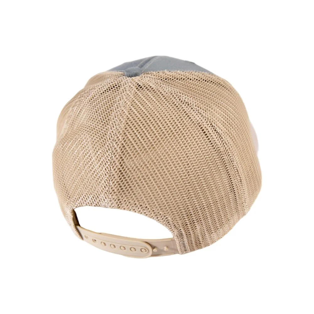 Back view of a beige mesh cap with a plastic snap closure