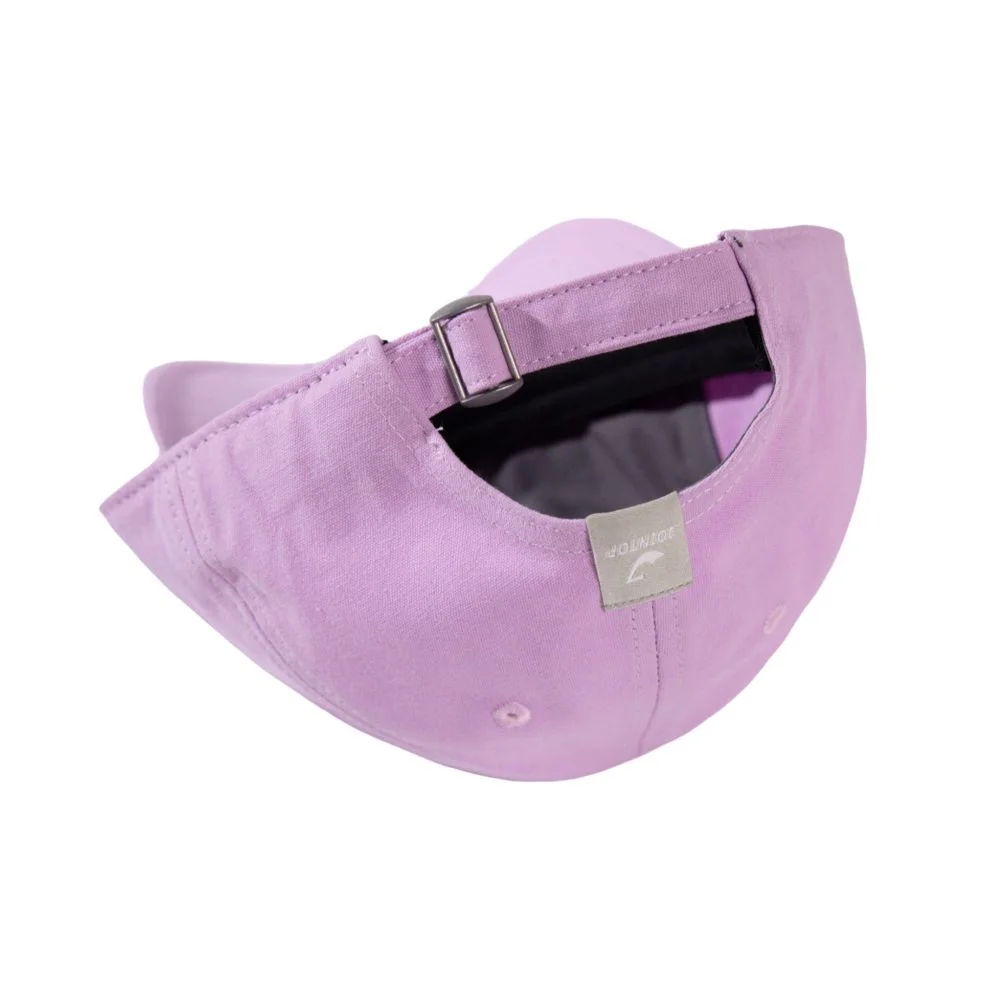 Back view of a purple cap with a fabric strap and metal slider buckle