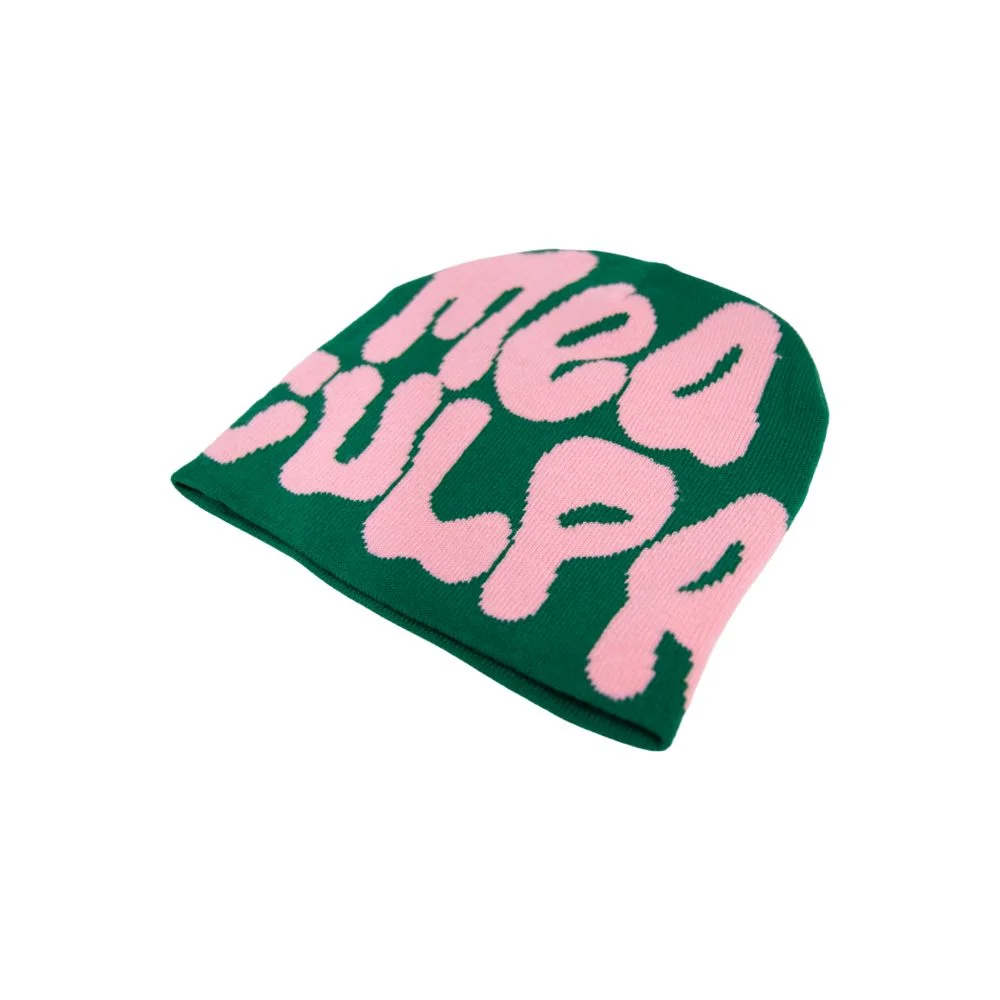 Berretto verde con testo Mea Culpa in rosa