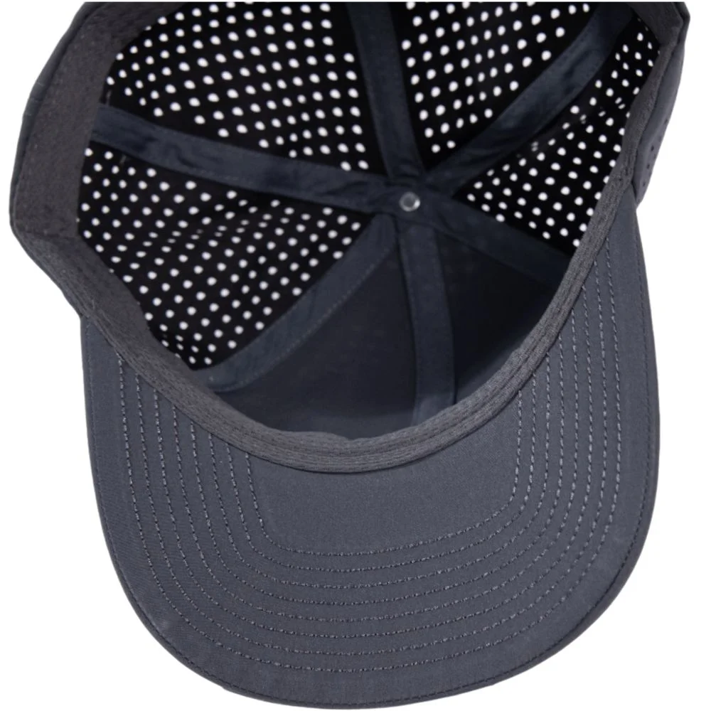 Inside view of a gray performance cap showing the sweatband, seam tape and perforated panels