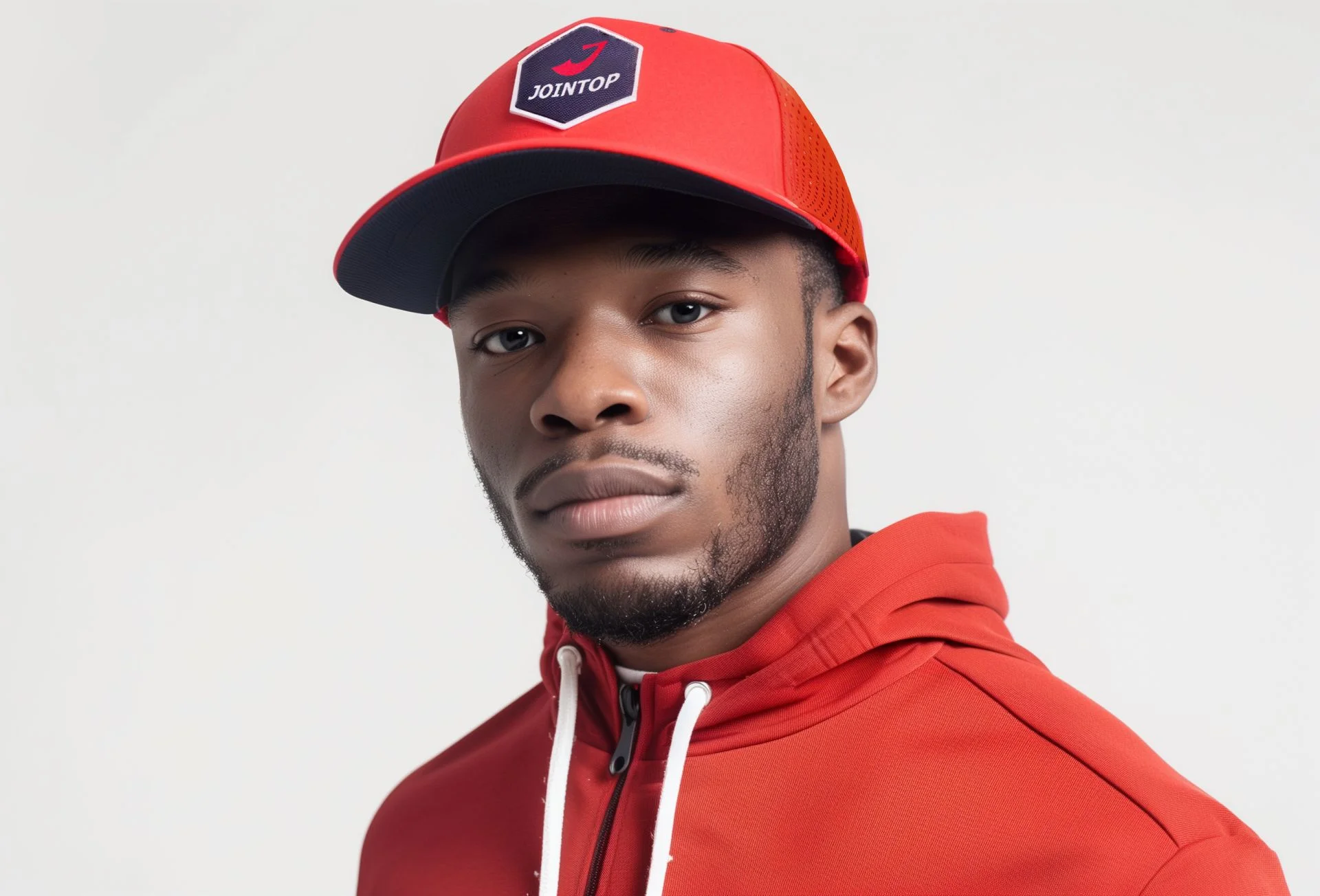 Man in a red JIONTOP cap and hoodie