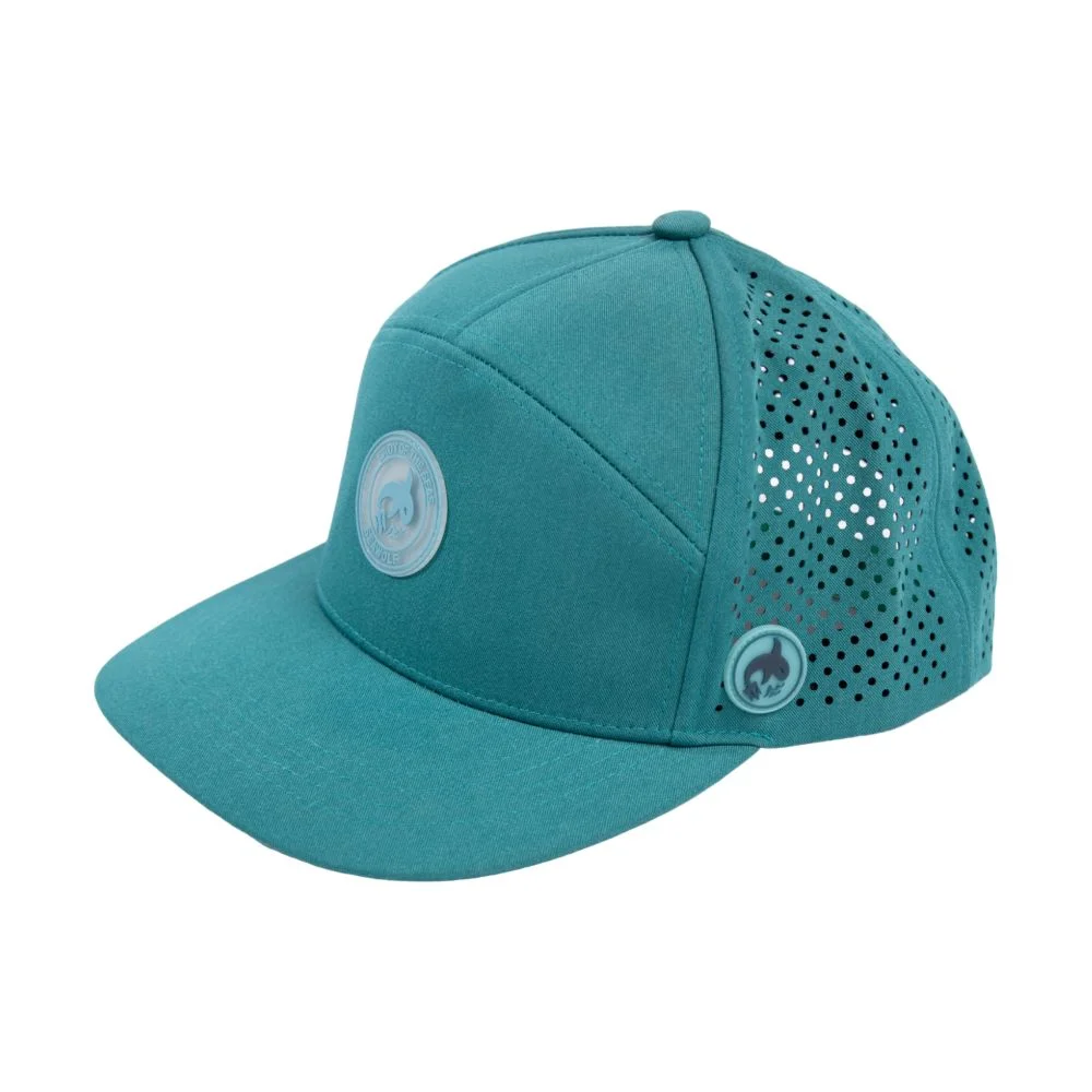 Teal cap with logo patches and perforated back