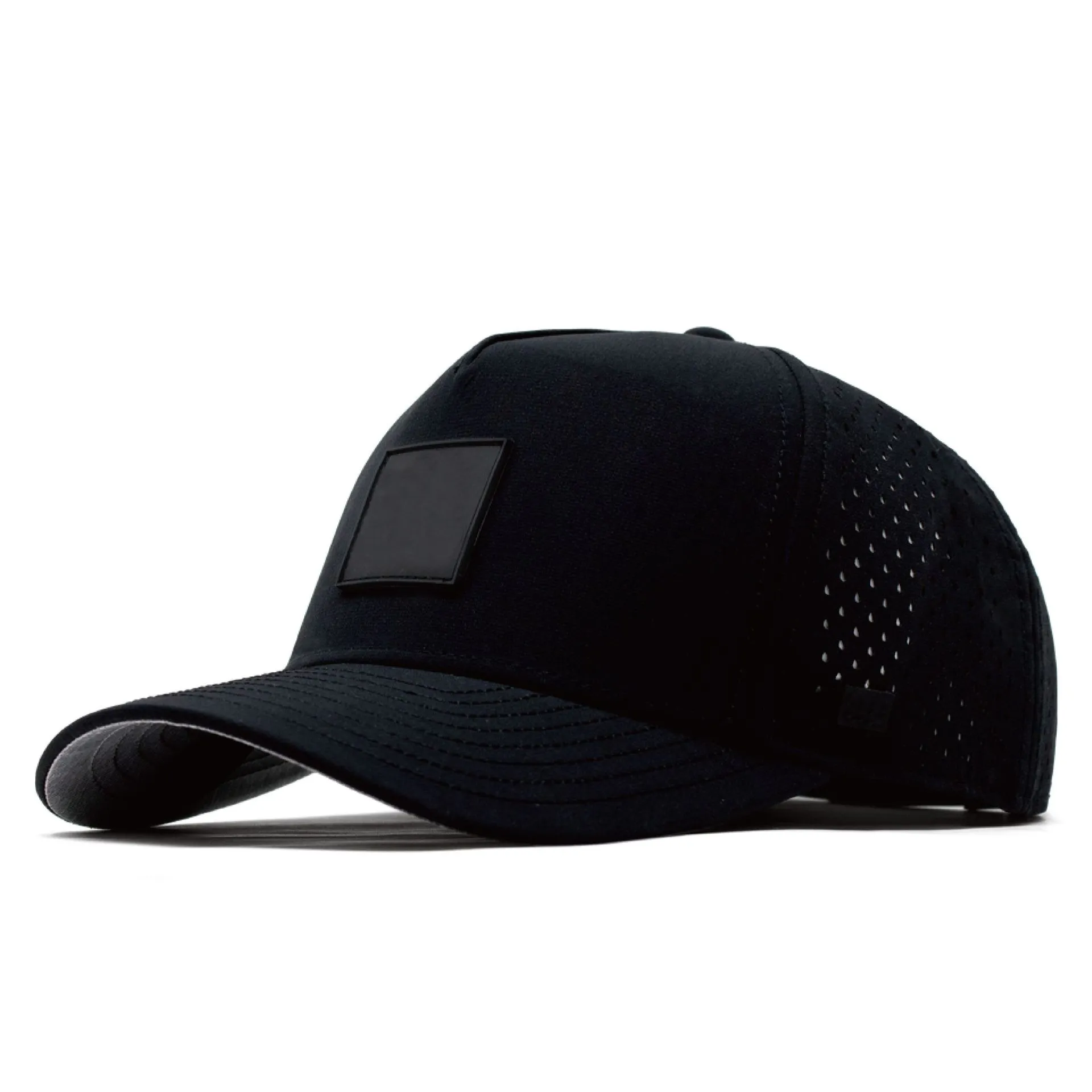 Black performance hat with vented sides and patch detail