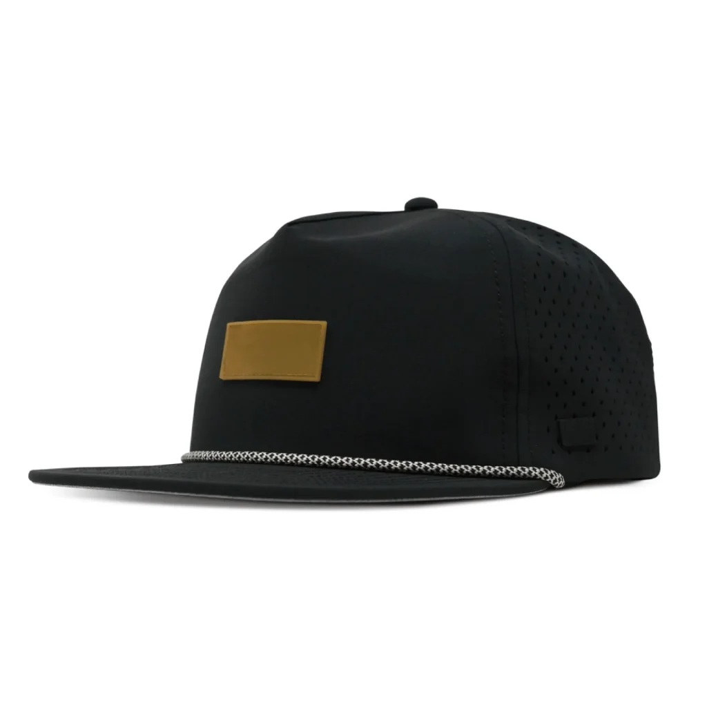 Black snapback cap with brown patch and braided rope detail