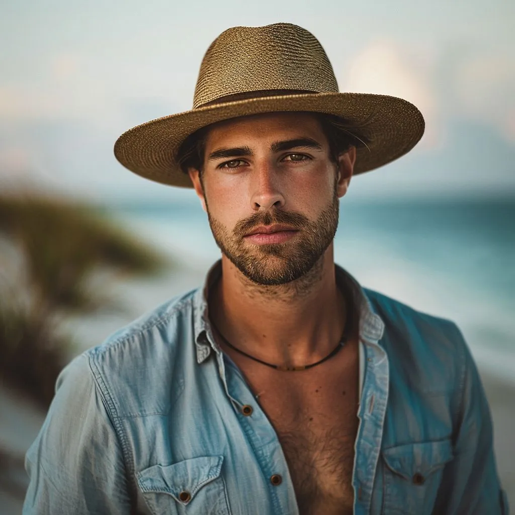 Uomo sulla spiaggia con cappello di paglia e camicia azzurra