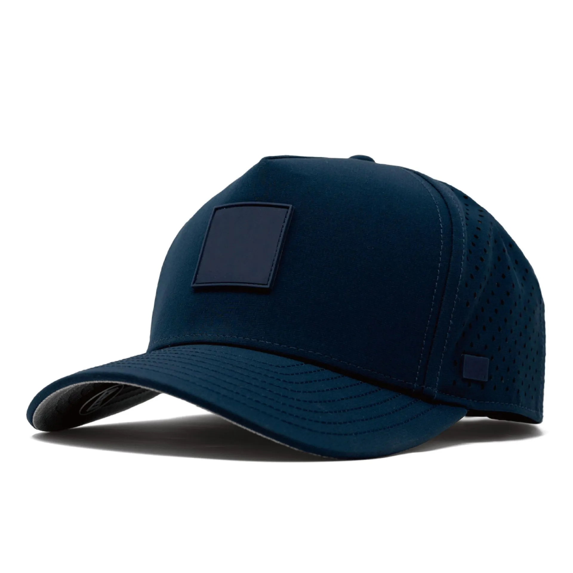 Navy performance cap showing the crown profile, curved visor, and adjustable back construction