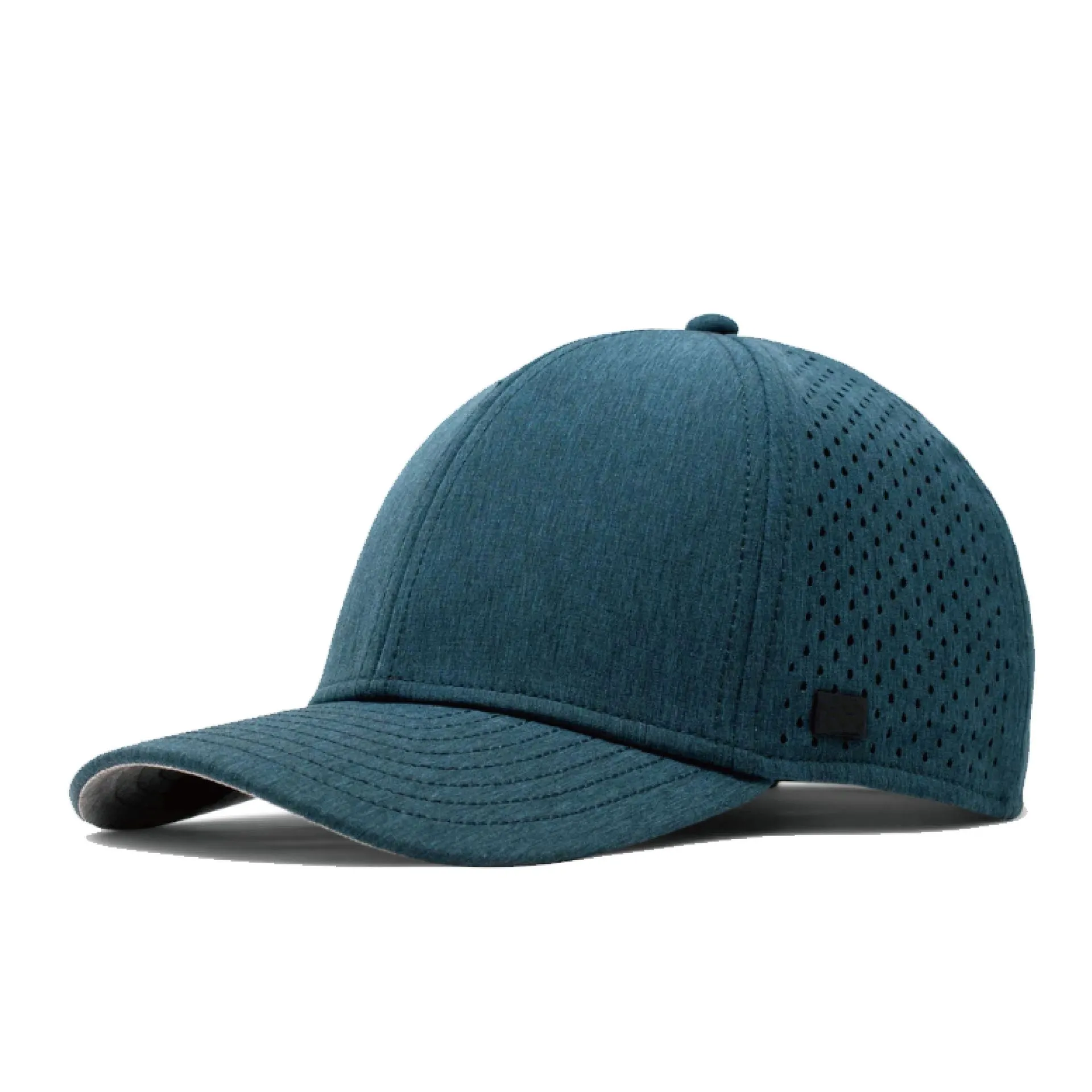 Teal performance cap showing the side panel shape and crown-to-visor relationship