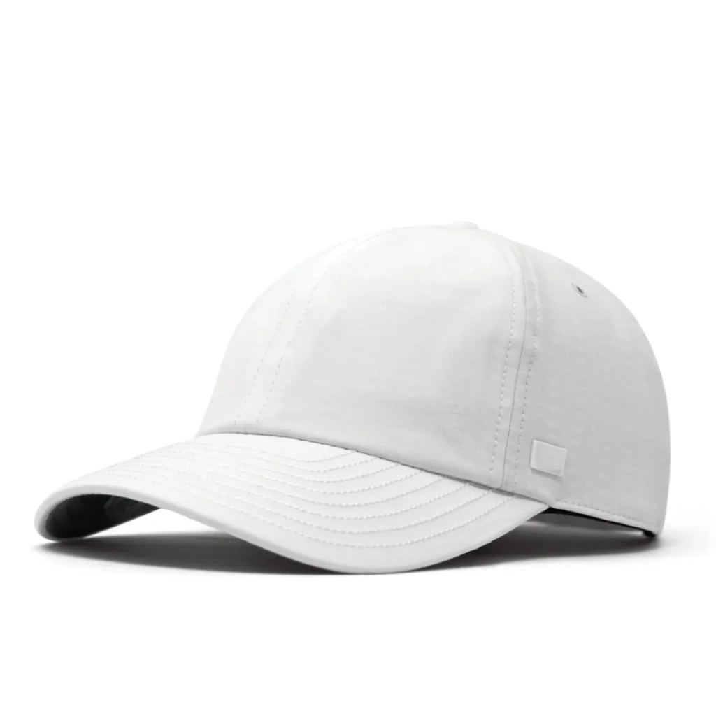 Waterproof white baseball cap with curved brim and patch detail
