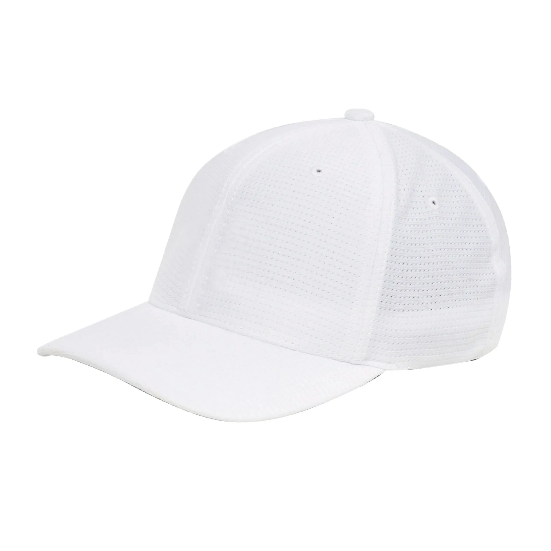 White golf hat with a curved brim and breathable mesh design