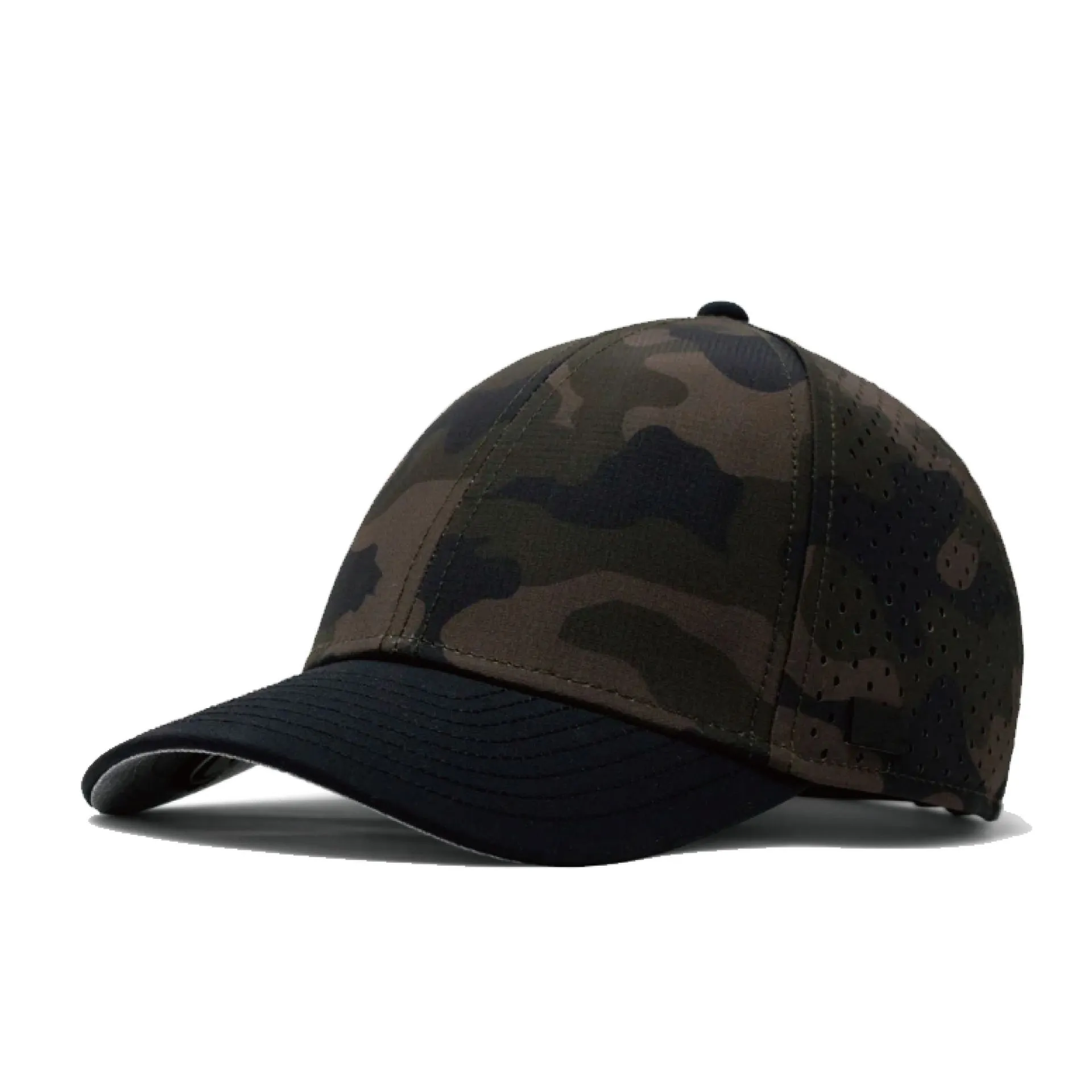 Woodland camo performance hat with black brim and ventilation