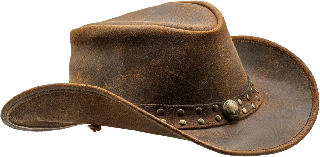 Brown distressed leather cowboy hat with metal studs