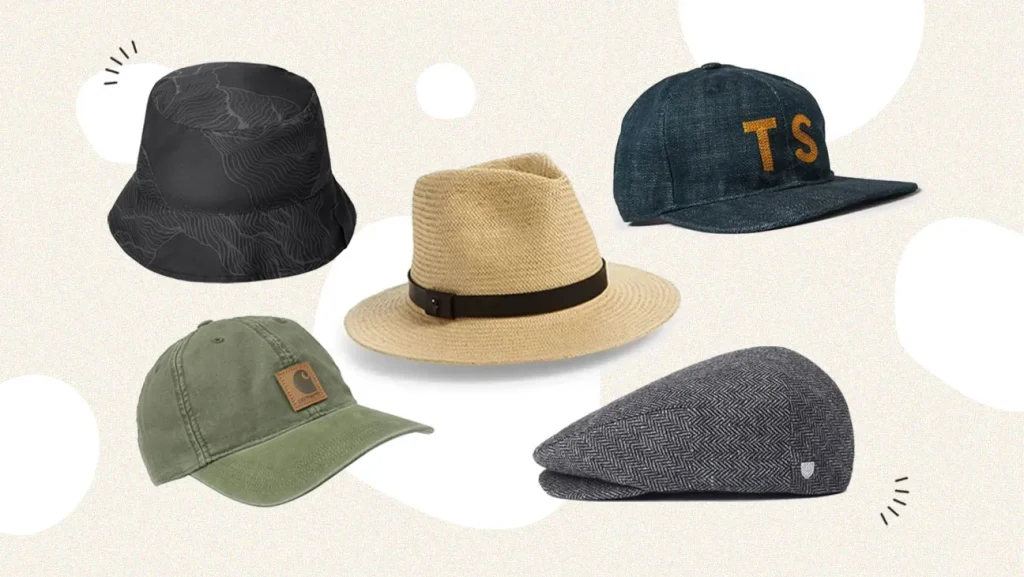 Five assorted hats including a fedora and baseball caps