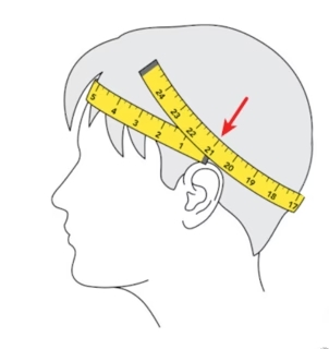 Illustration of head measurement with a tape and arrow Illustration of head measurement with a tape and arrow