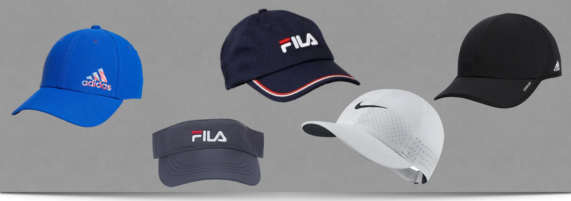 Assortiment de casquettes et visières de sport de marque en gris