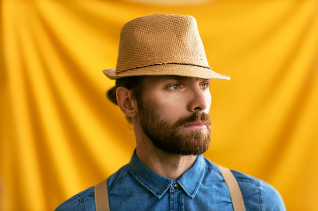 Hombre barbudo con sombrero de paja y camisa vaquera sobre fondo amarillo Hombre barbudo con sombrero de paja y camisa vaquera sobre fondo amarillo