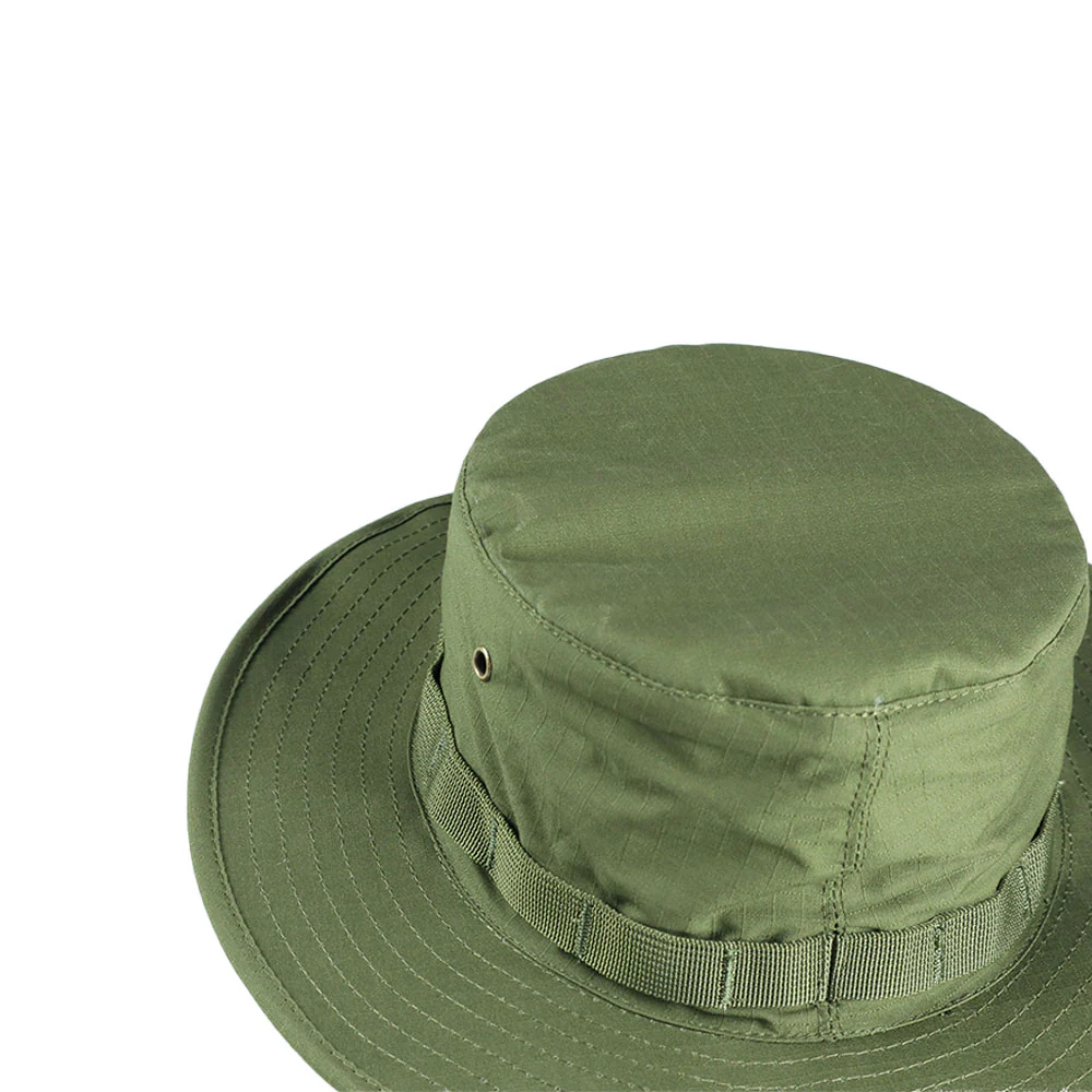 Olive green boonie hat with camouflage band and wide brim Olive green boonie hat with camouflage band and wide brim