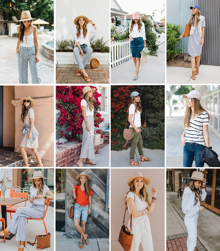 Twelve outfits styled with various hats
