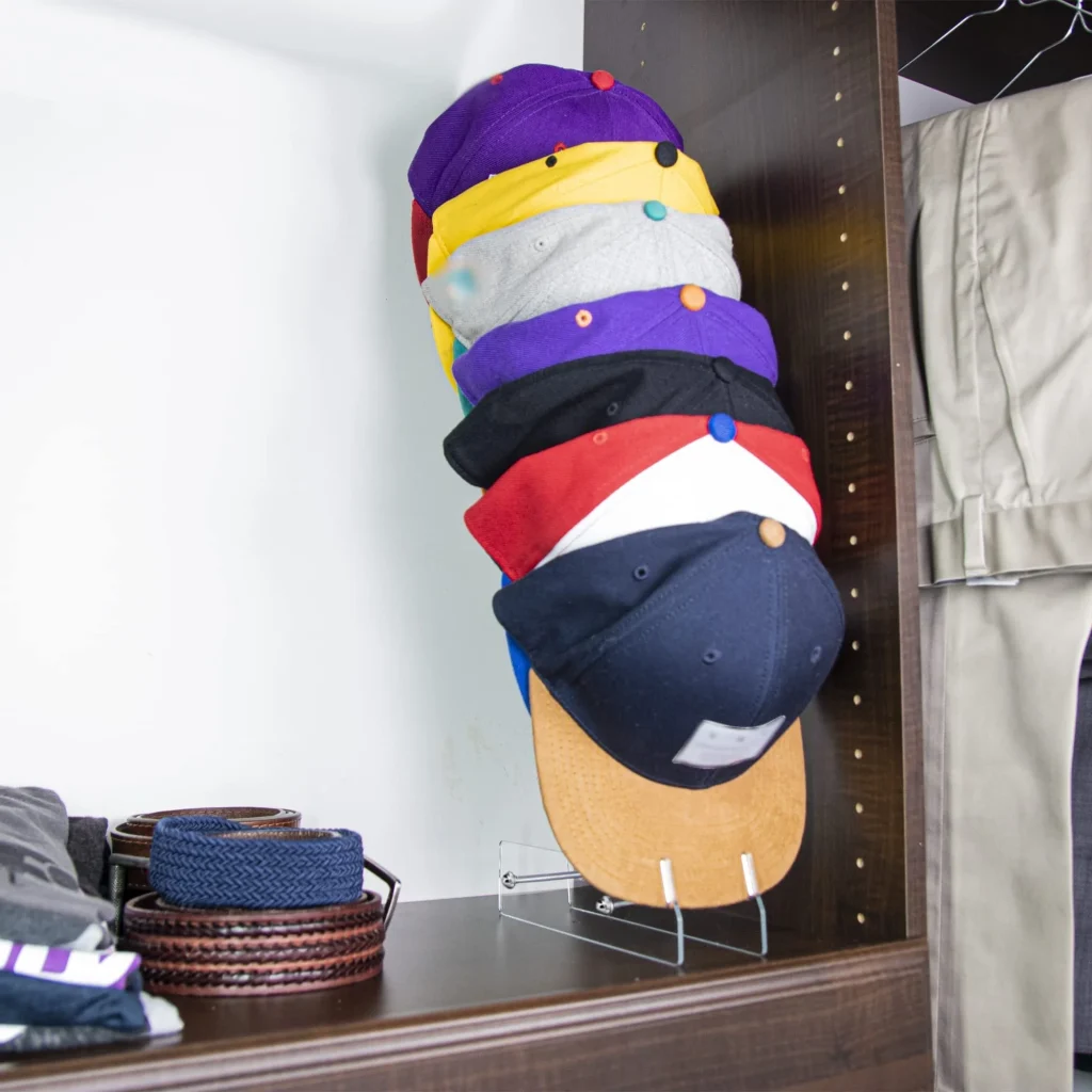 storing baseball caps neatly on display