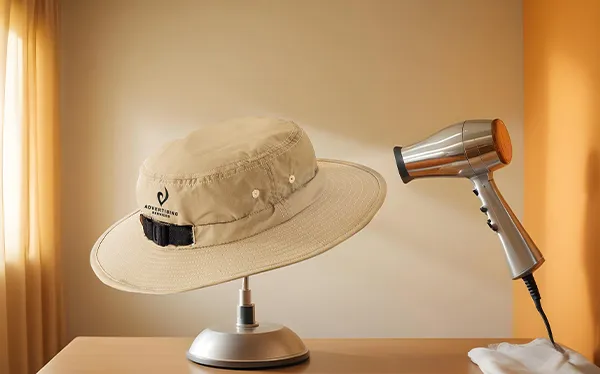A hat on a stand being dried with a hairdryer