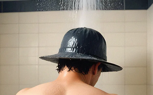 A person wearing a hat under a shower for reshaping