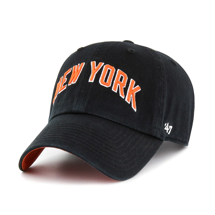 Black cap with orange NEW YORK text curved brim 47 design Black cap with orange NEW YORK text curved brim 47 design