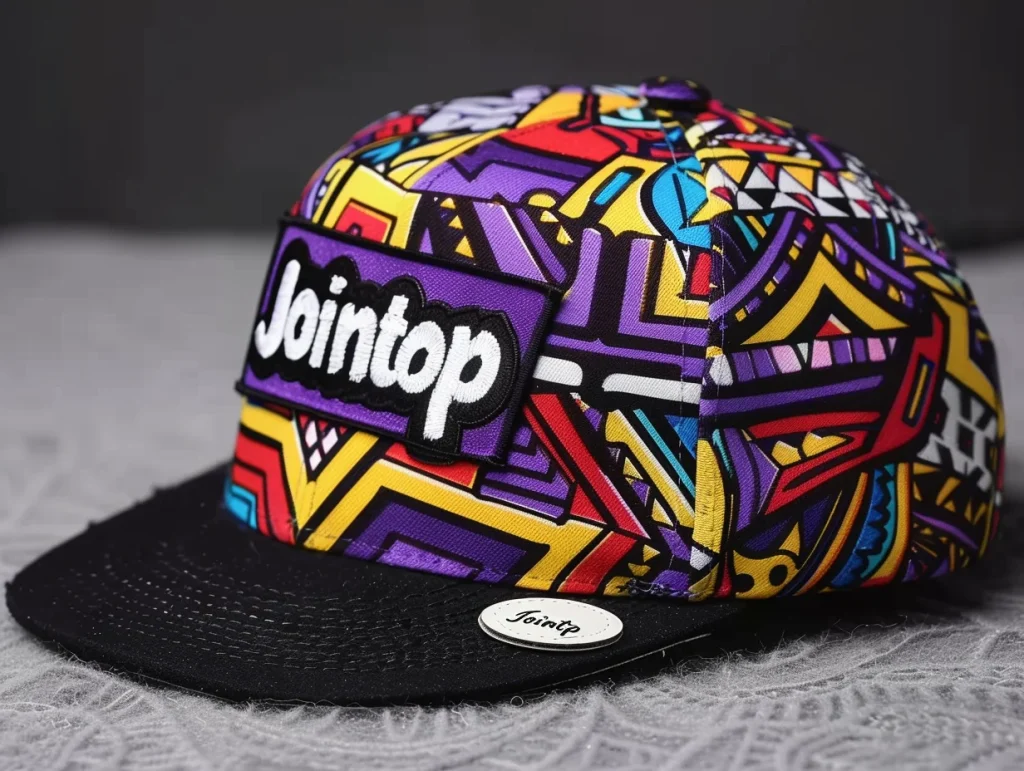 Black flat brim hat with colorful patterns and JoinTop