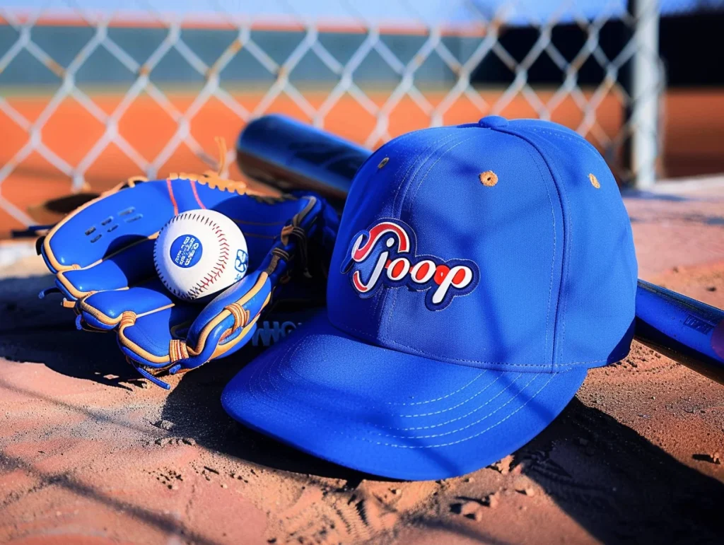 Blue baseball cap with Scoop logo next to a glove and baseball