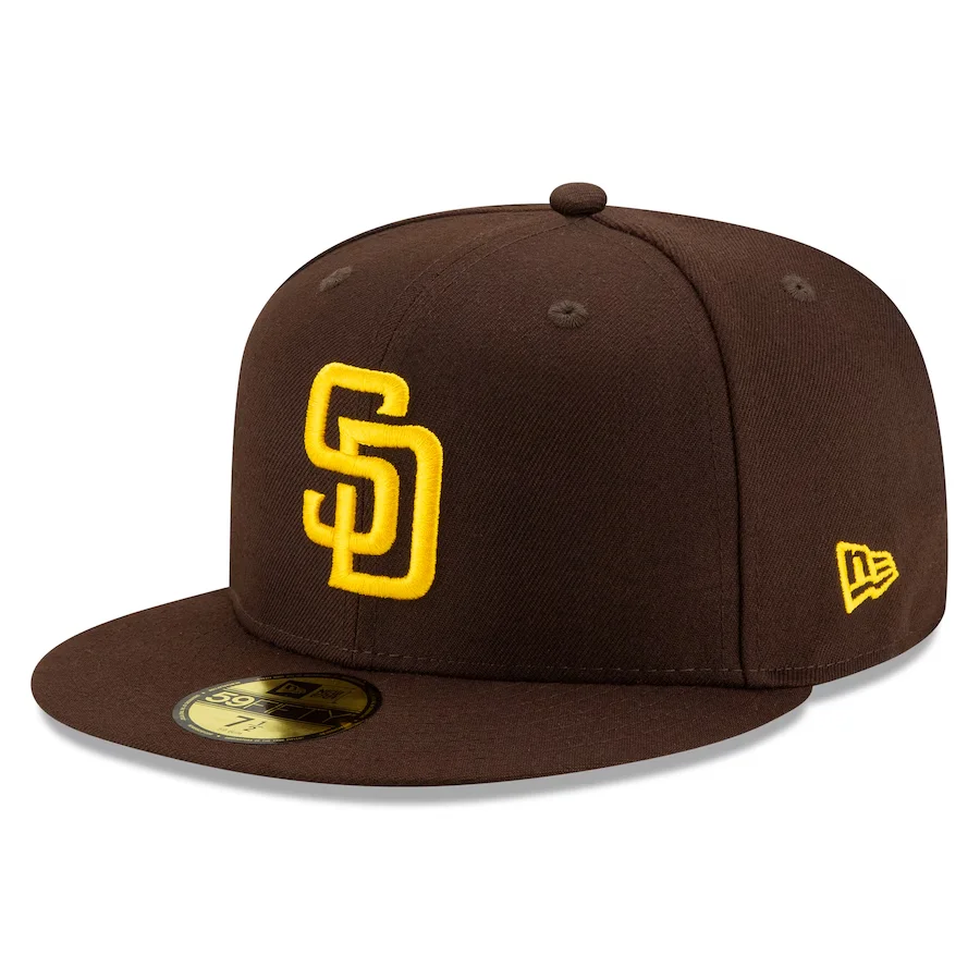 Brown Padres cap with yellow SD logo and New Era branding
