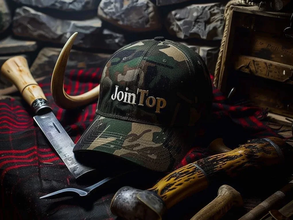 Gorra JoinTop de camuflaje con herramientas de caza sobre fondo a cuadros Gorra JoinTop de camuflaje con herramientas de caza sobre fondo a cuadros
