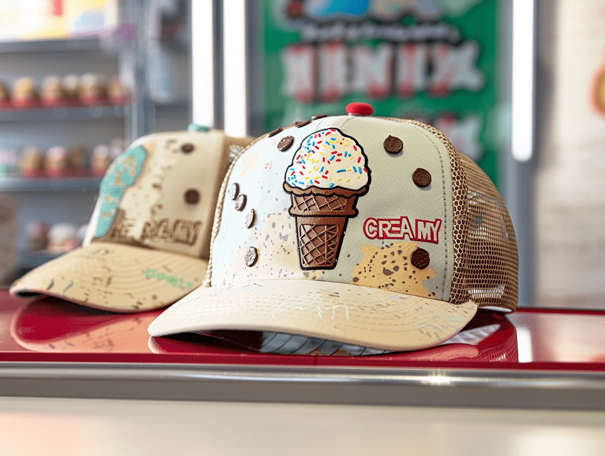 Gorra de camionero color crema con diseño de cono de helado y texto CREMOSO Gorra de camionero color crema con diseño de cono de helado y texto CREMOSO