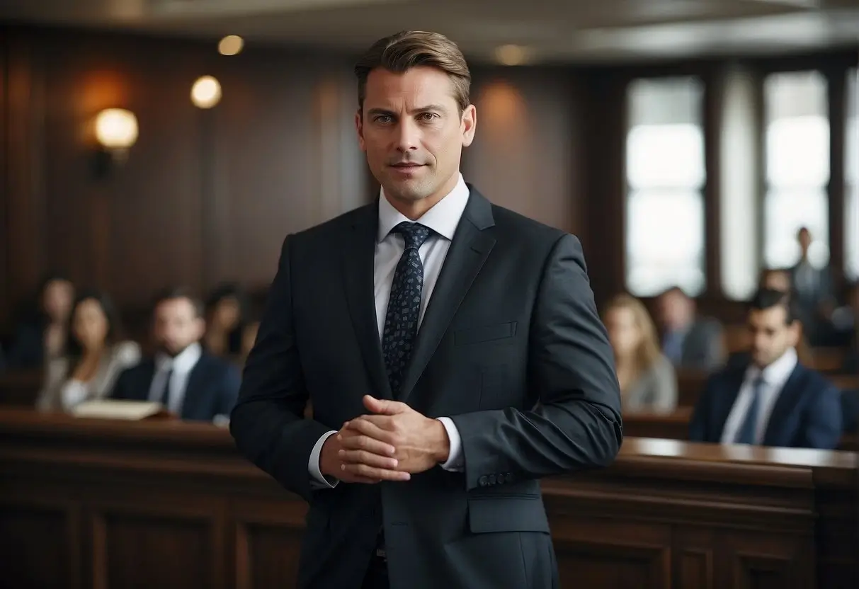 Abogado con traje dirigiéndose a un jurado en un tribunal formal