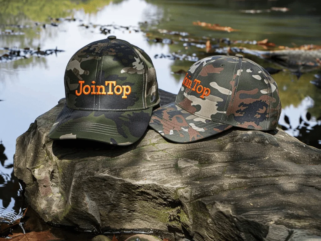 Yansıtıcı bir göletin yakınındaki bir kayanın üzerinde iki kamuflajlı JoinTop şapkası