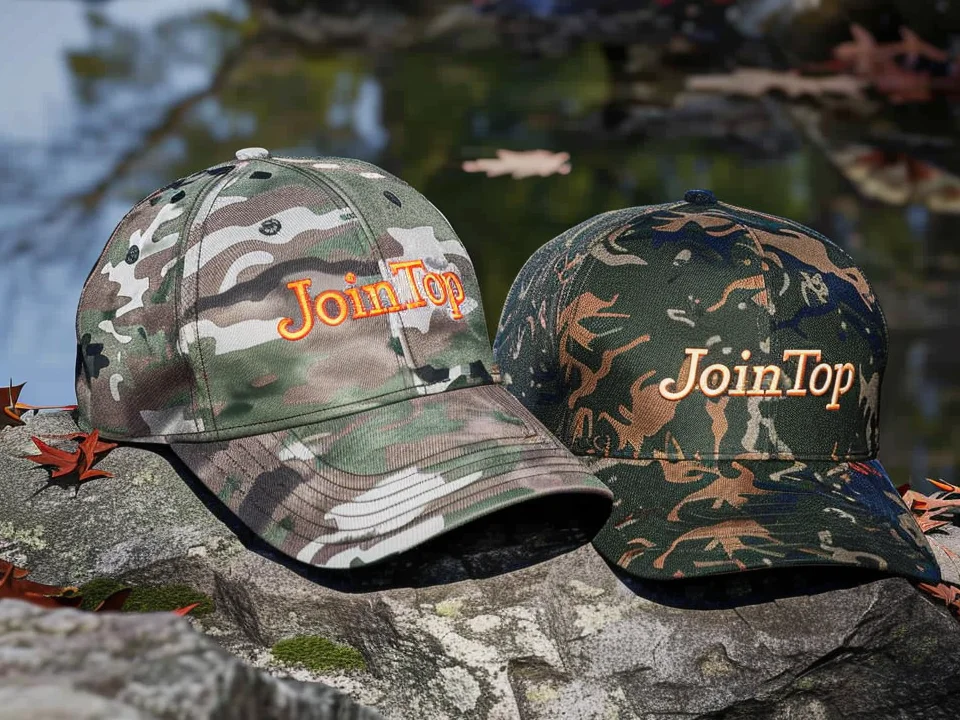 Zwei JoinTop-Kappen in Camouflage auf einem Felsen in der Nähe von gefallenen Herbstblättern – Entdecken Sie die neuesten Erkenntnisse im Bereich Kopfbedeckungen – JoinTop | Hersteller von kundenspezifischen Hüten und Kappen | OEM- und ODM-Fabrik für Kopfbedeckungen – JoinTop | Hersteller von kundenspezifischen Hüten und Kappen | OEM- und ODM-Fabrik für Kopfbedeckungen Zwei camo JoinTop Kappen auf einem Felsen in der Nähe von gefallenen Herbstblättern