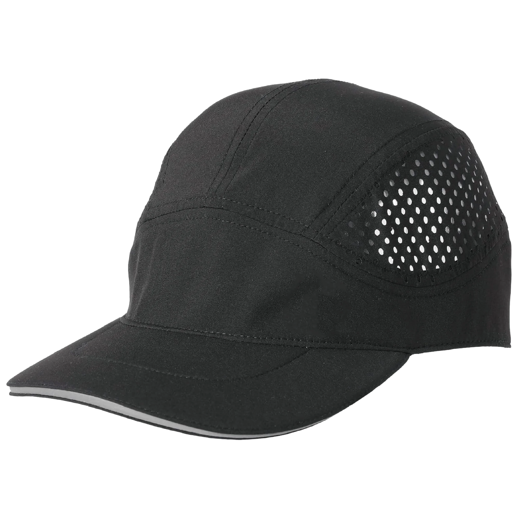 Black performance cap with smooth crown panels and laser-cut side ventilation for surface wear review