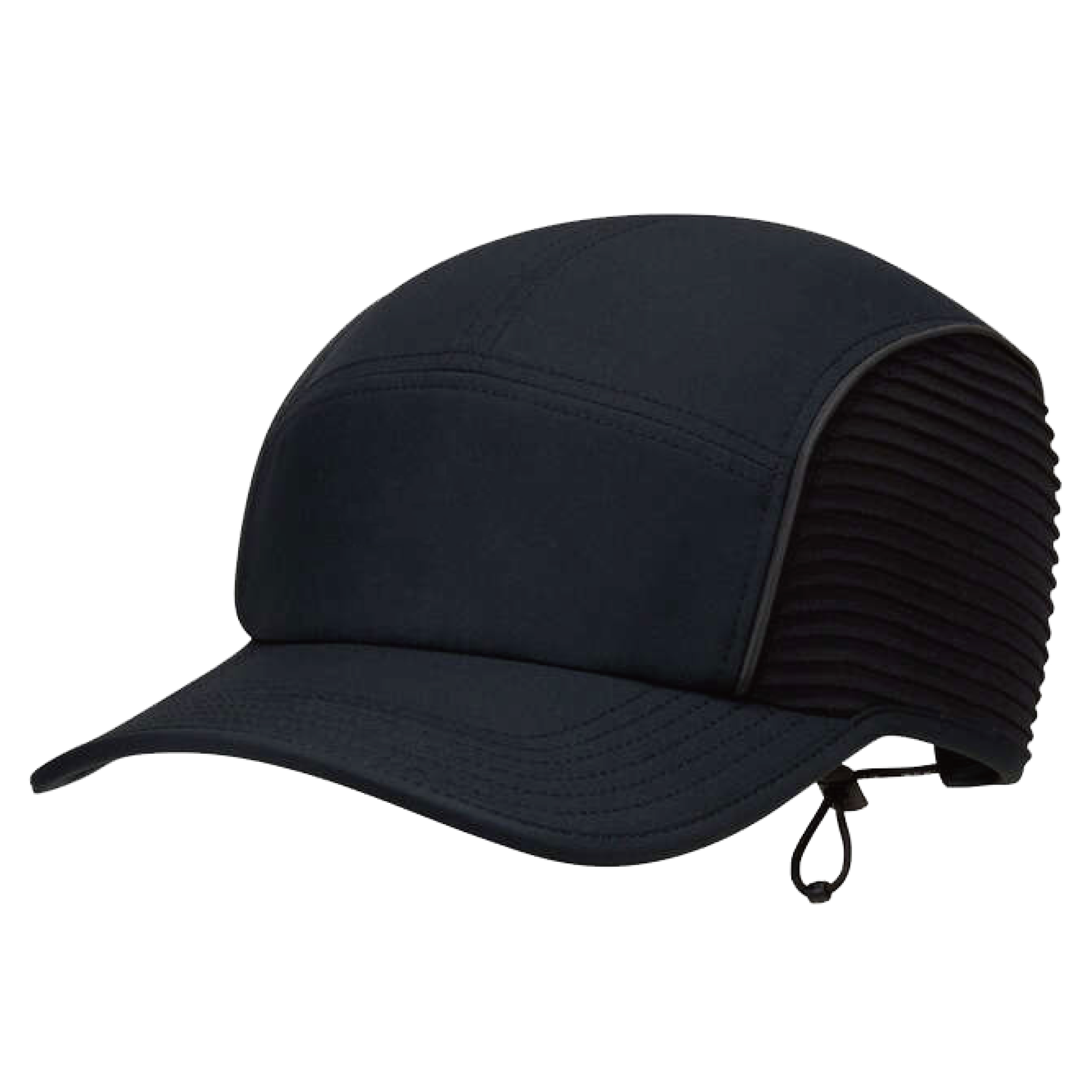 Black performance cap with ribbed stretch side panels and a rear elastic toggle
