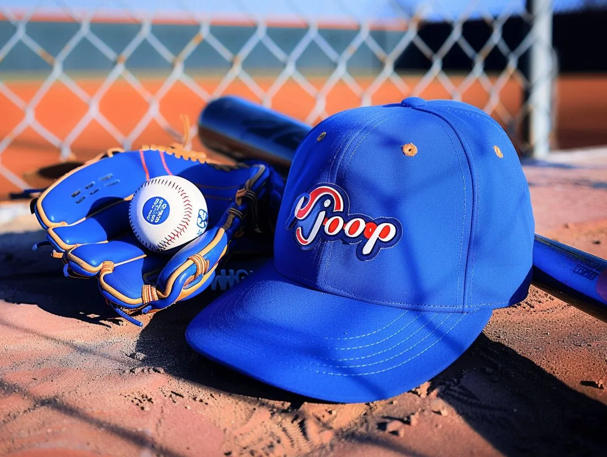 砂の上の青い帽子、うんちのロゴ入りの手袋、ボール