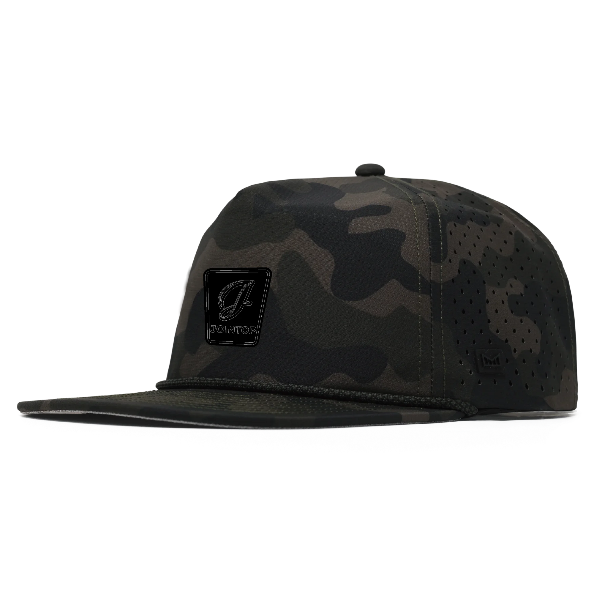 Camo performance cap showing front-panel structure, side ventilation, and crown volume