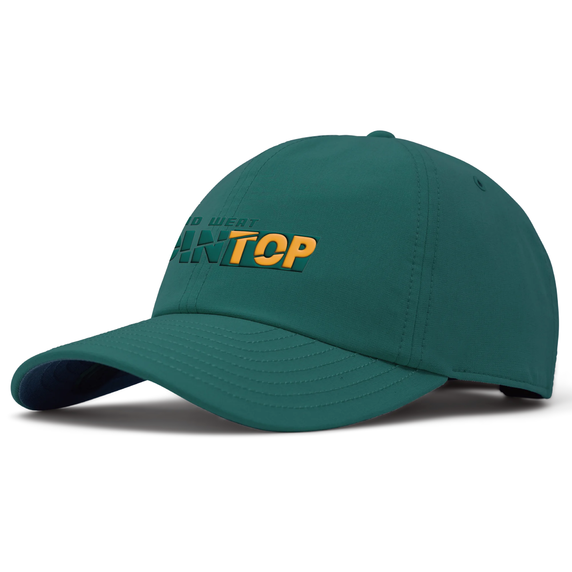 Green performance cap with a bold front logo for finished crown inspection