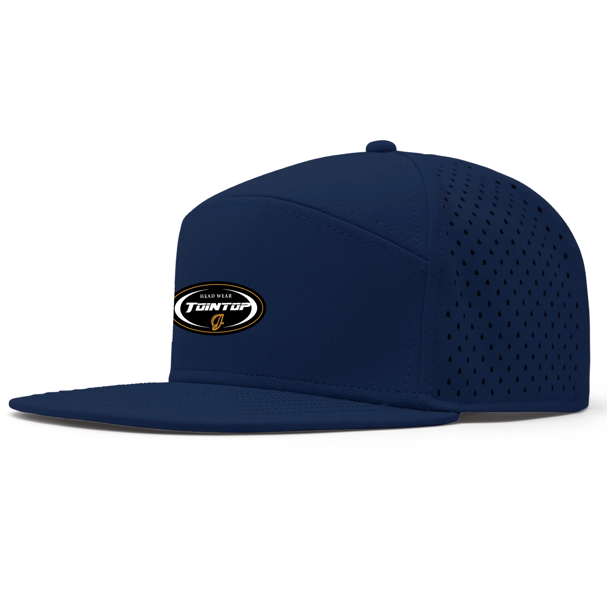 Navy performance cap with an oval front logo for checking stitch support and placement