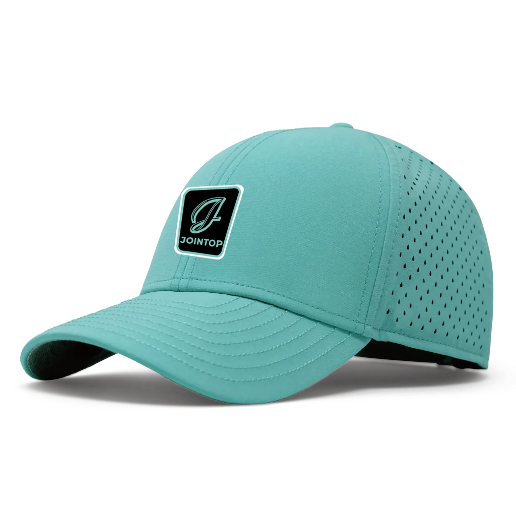 Teal performance cap with perforated sides and J logo patch