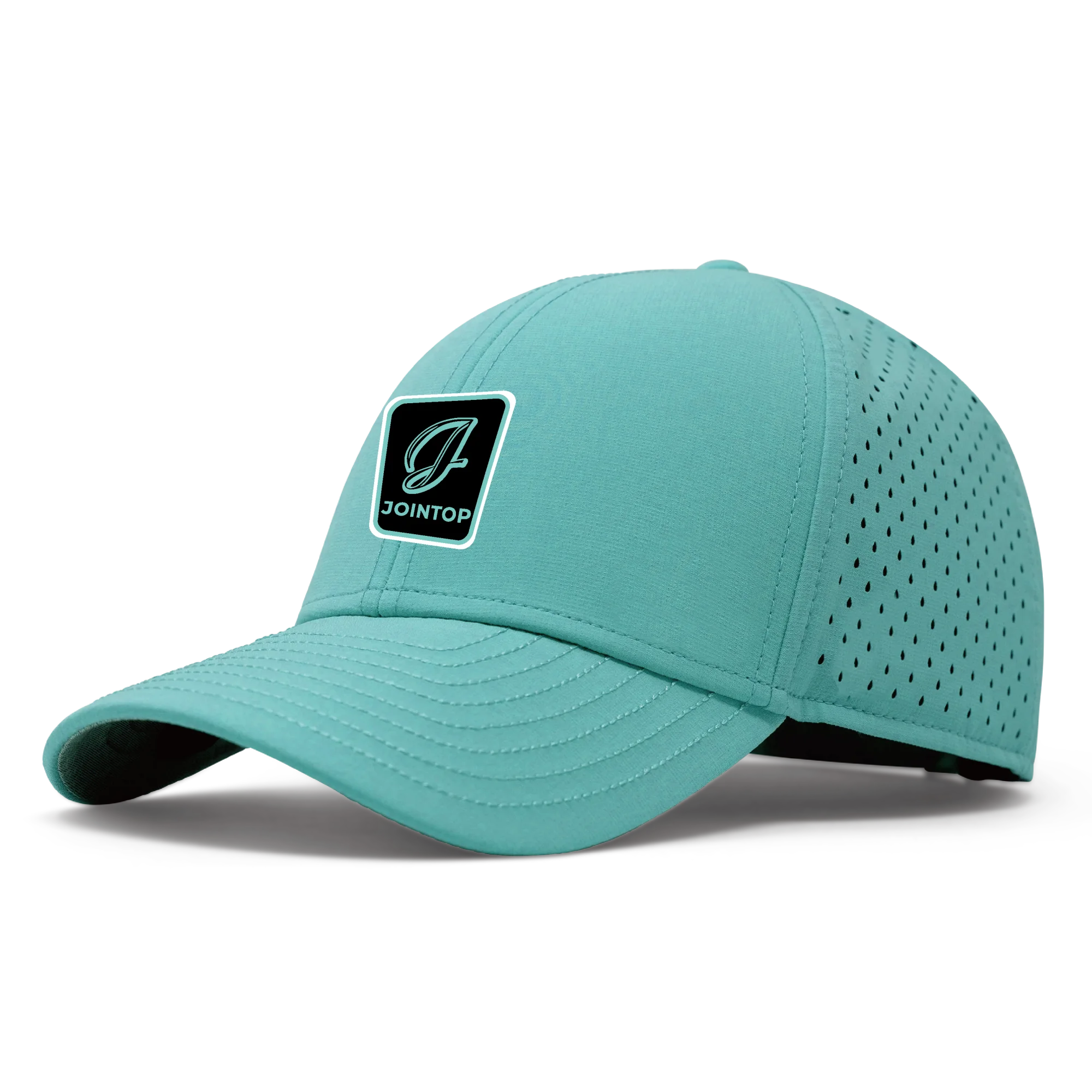 Teal performance cap with a front logo and perforated side panels