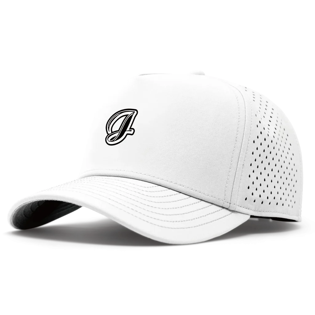 White custom performance cap with a front logo and laser-perforated side panels