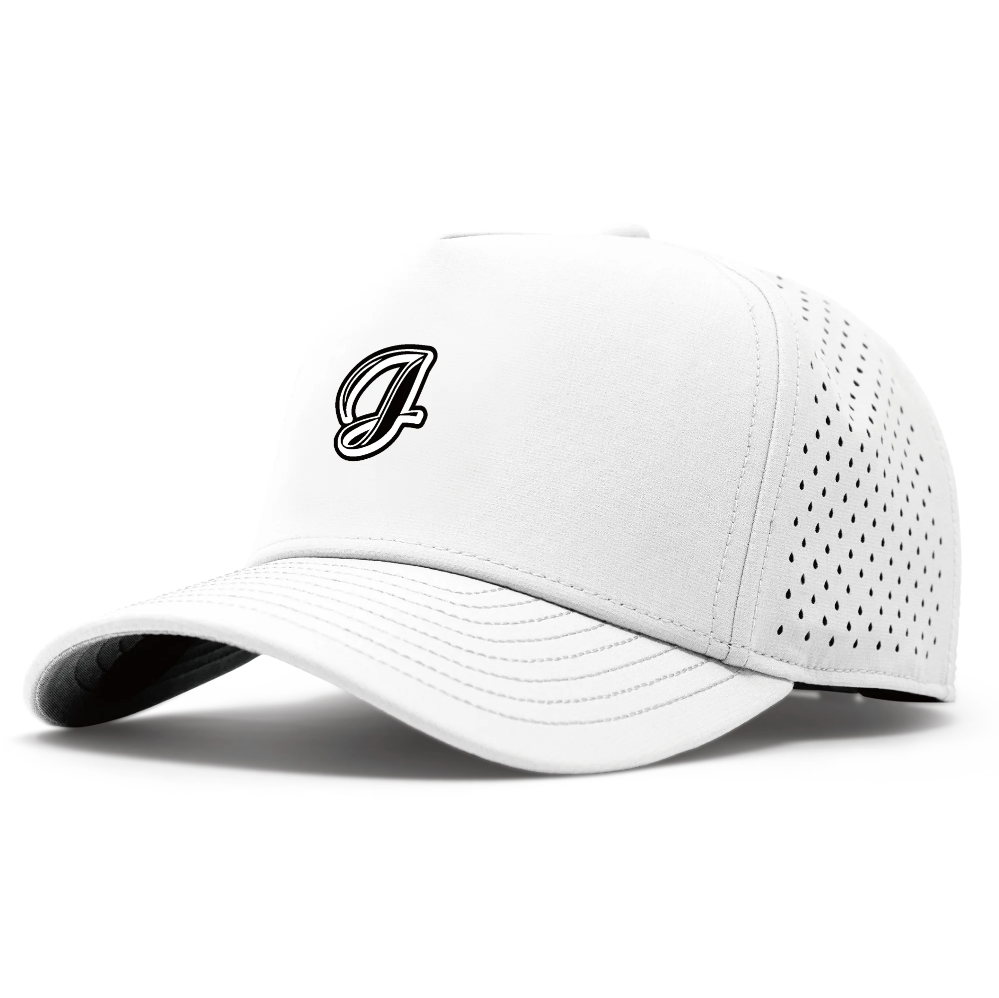 White performance cap with black J logo and vented back